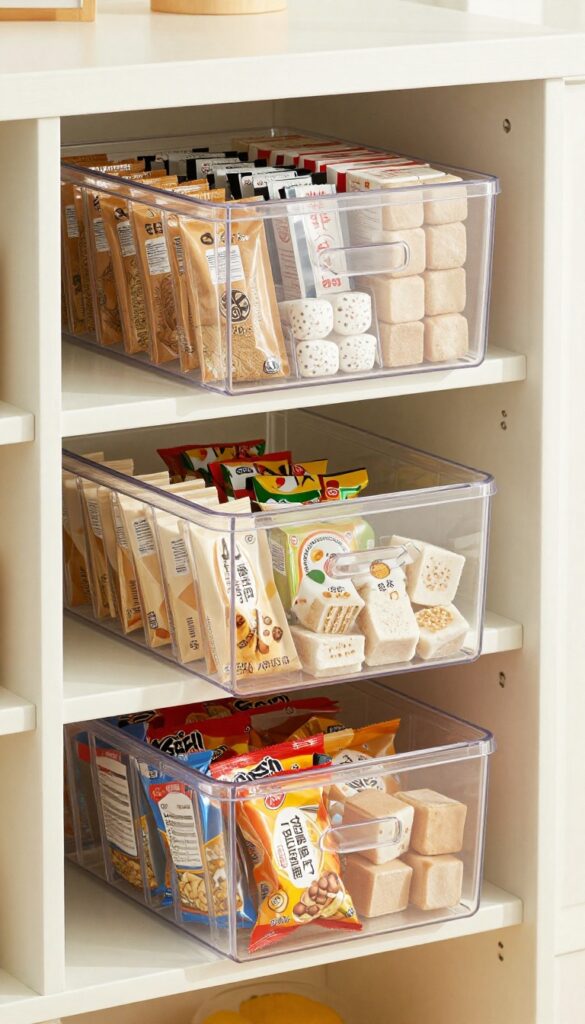 Clear drawer organizers on a deep pantry shelf, neatly holding spice packets and small items, with bright natural light.