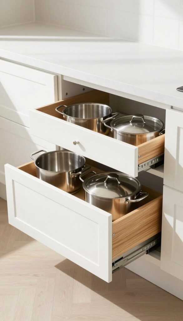Modern kitchen corner cabinet with pull-out drawers holding organized pots and pans, bright natural lighting.