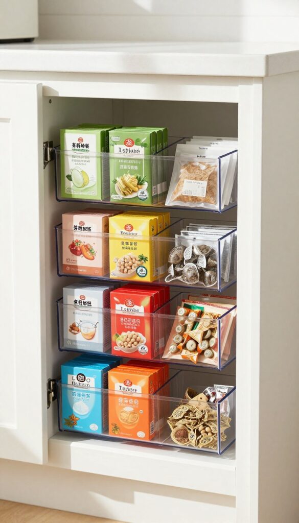 Clear over-the-door shoe organizer on a pantry door filled with colorful seasoning packets and envelopes, neatly arranged by color.