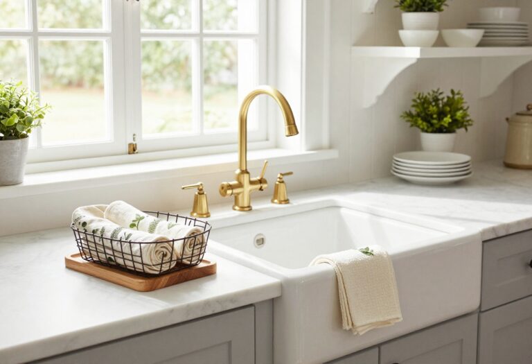 Cozy kitchen with rolled towels in a wire basket on a wooden countertop, natural light, and open shelving.