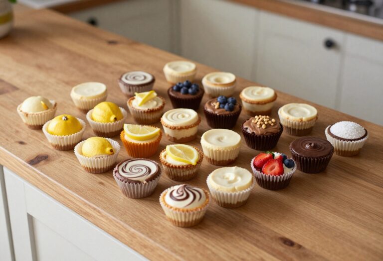 Assorted keto cheesecake bites in mini muffin liners on a wooden board