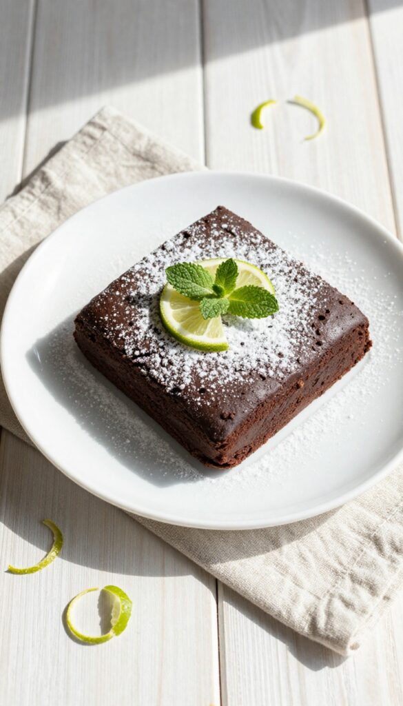 Slice of coconut and lime flourless chocolate cake on a plate with lime garnish and powdered sugar, top-down view.