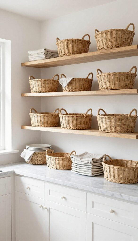 Open woven baskets on top kitchen shelves storing linens and platters, creating a tidy and natural look.