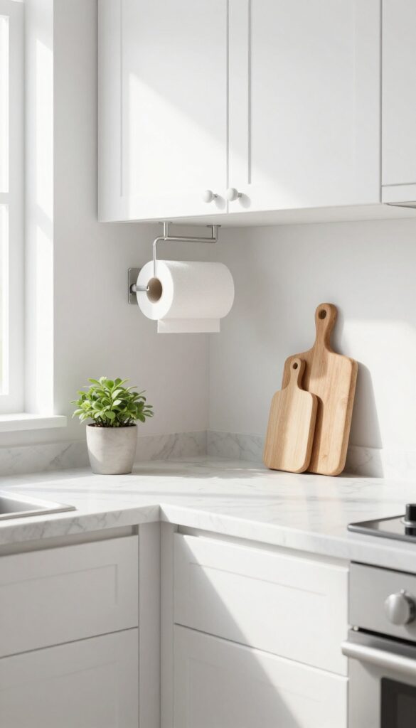 Small kitchen with wall-mounted paper towel holder under cabinet, clear countertop, natural light, clean and organized