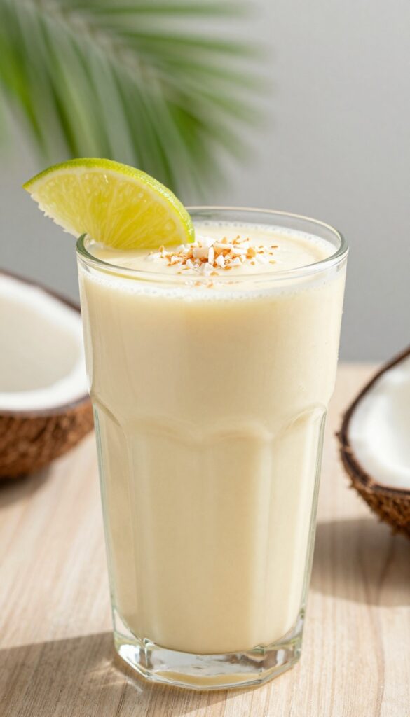 Mango coconut smoothie in a glass with lime and coconut garnish, tropical background