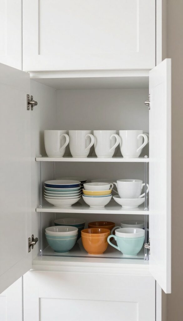 Kitchen cabinet with tiered shelf organizing cups and bowls in two levels.