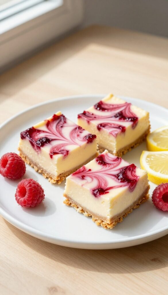 Two keto lemon cheesecake bars with raspberry swirl on a white plate, garnished with fresh raspberries and lemon slices.