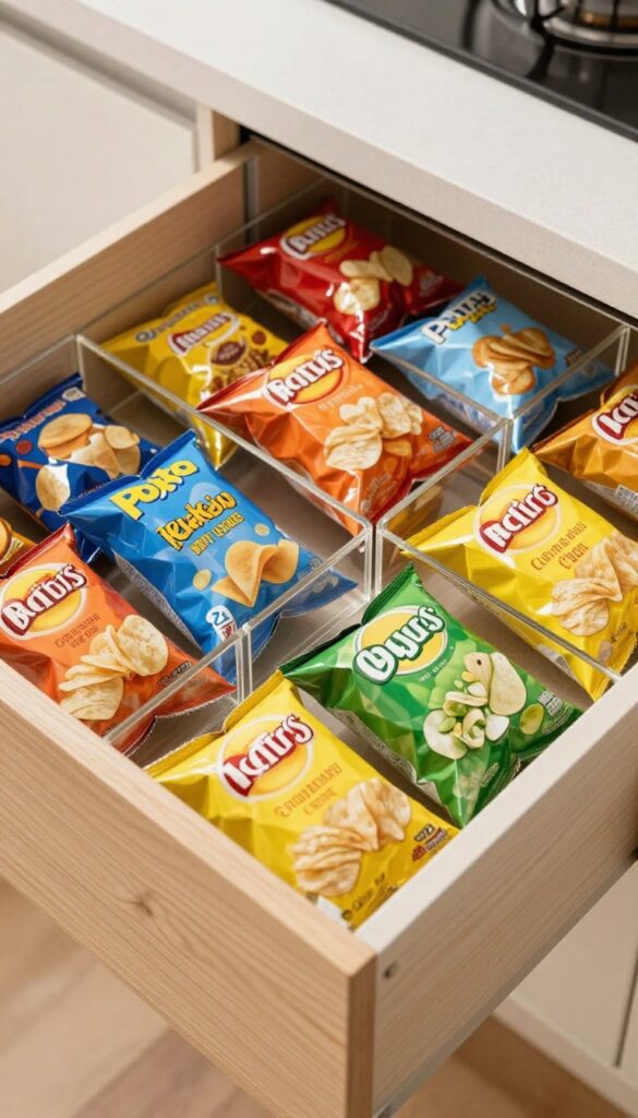 Deep pantry drawer with clear acrylic dividers organizing colorful chip bags flat in neat horizontal rows.
