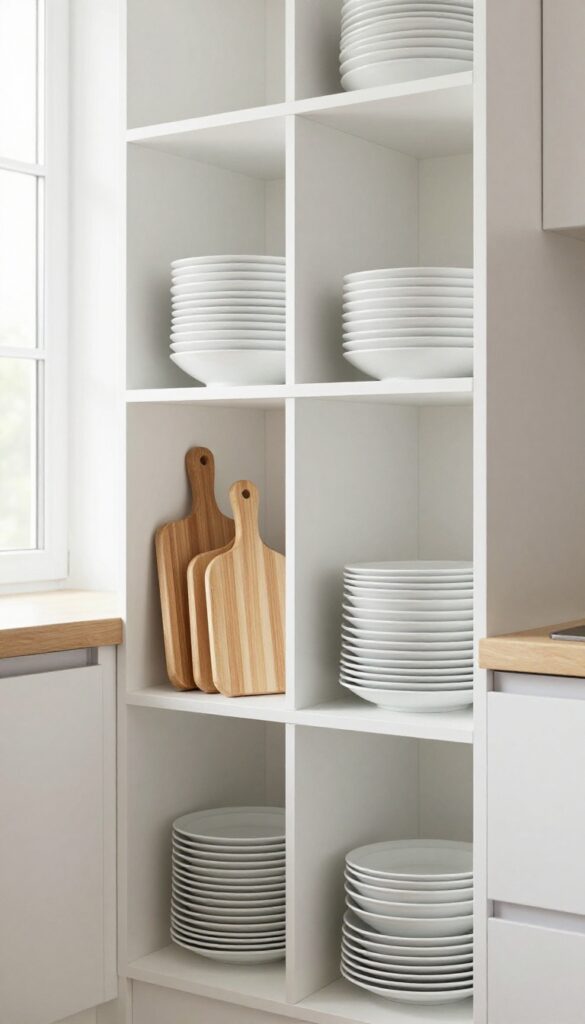 Modern kitchen open shelving with vertical risers holding plates and cutting boards upright, bright natural light, clean and organized.