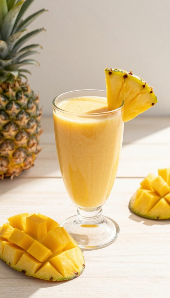 Pineapple mango smoothie in a glass with fresh fruit garnish on a wooden table