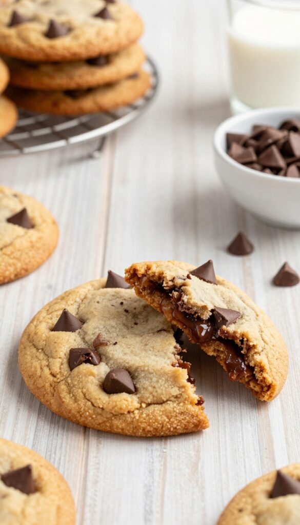 Gluten free chocolate chip cookie broken in half showing chewy texture and melted chocolate chips on a wooden table