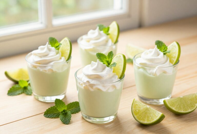 Five keto key lime pie cups in glass ramekins with whipped cream and lime slices on a wooden table.