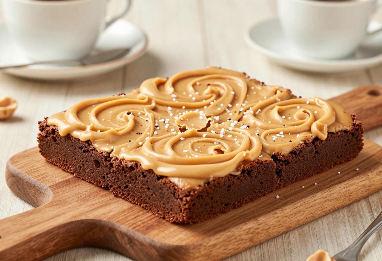 Gluten-free peanut butter brownie squares on a wooden board with peanut butter drizzle and sea salt
