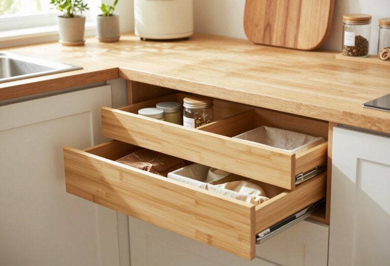 Warm and cozy kitchen with organized deep drawers featuring bamboo dividers and mason jars