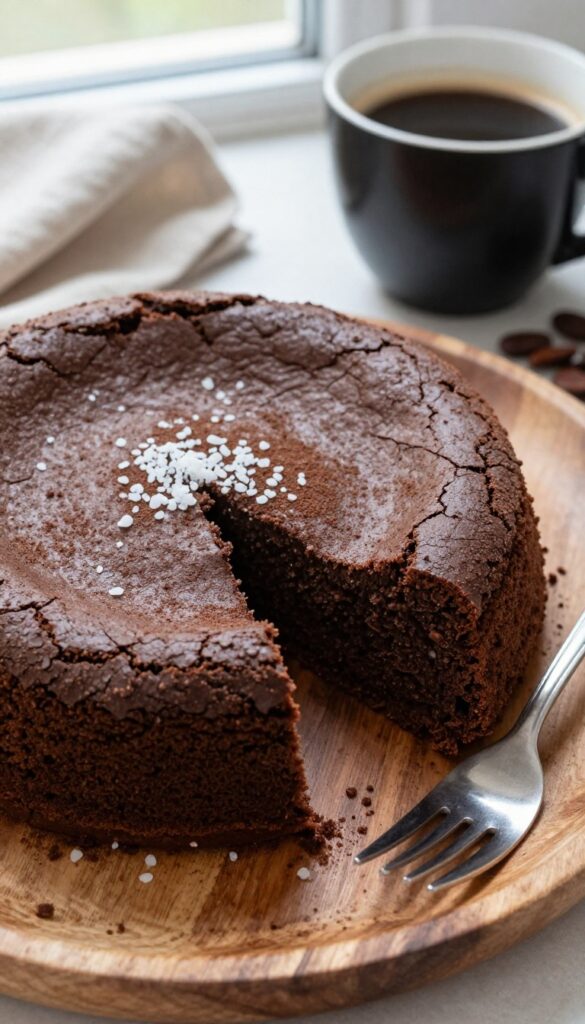 Slice of dark chocolate flourless cake with sea salt on a wooden plate with coffee