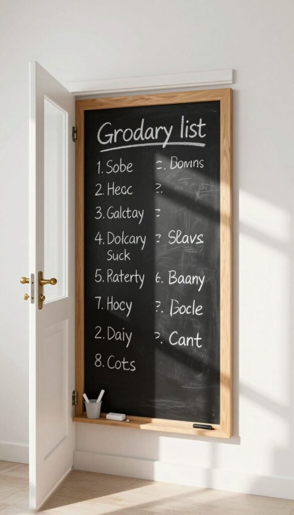 Chalkboard on pantry door with handwritten grocery list and chalk accessories