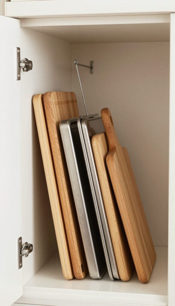 RV cabinet with tension rod vertically holding cutting boards and baking sheets upright