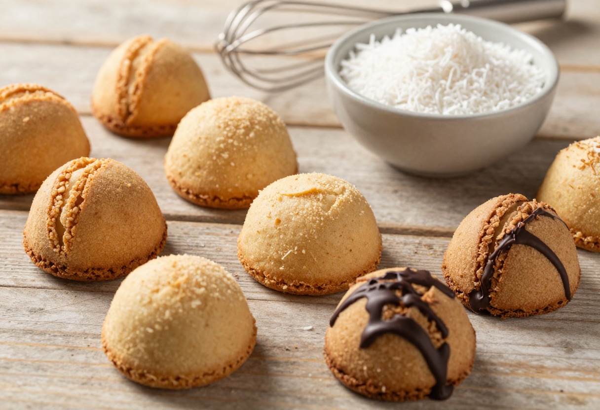 Assorted gluten free coconut macaroons on a wooden table