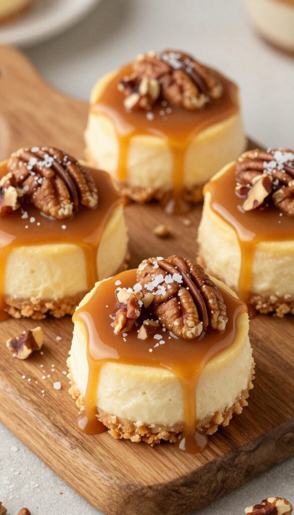 Salted caramel pecan mini cheesecakes on a wooden board
