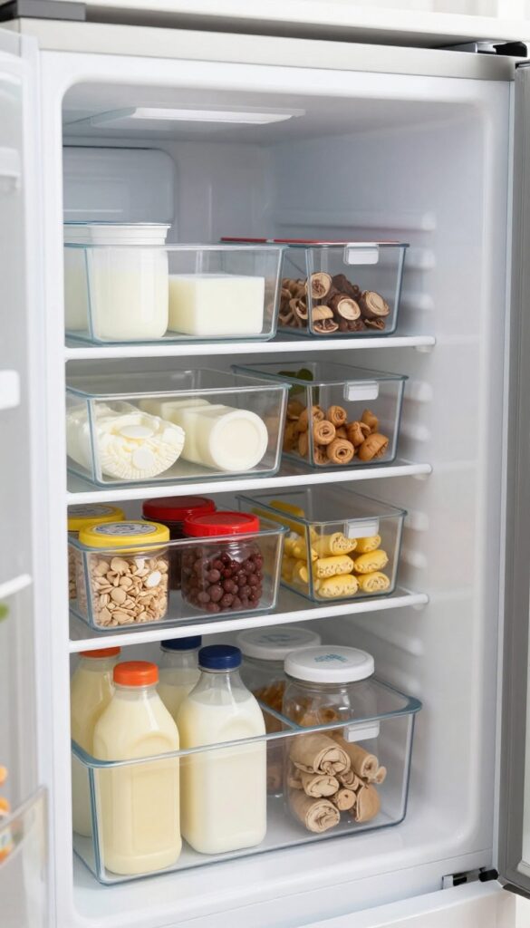 Small refrigerator interior with clear acrylic bins organizing dairy and condiments, bright natural light, clean and tidy.