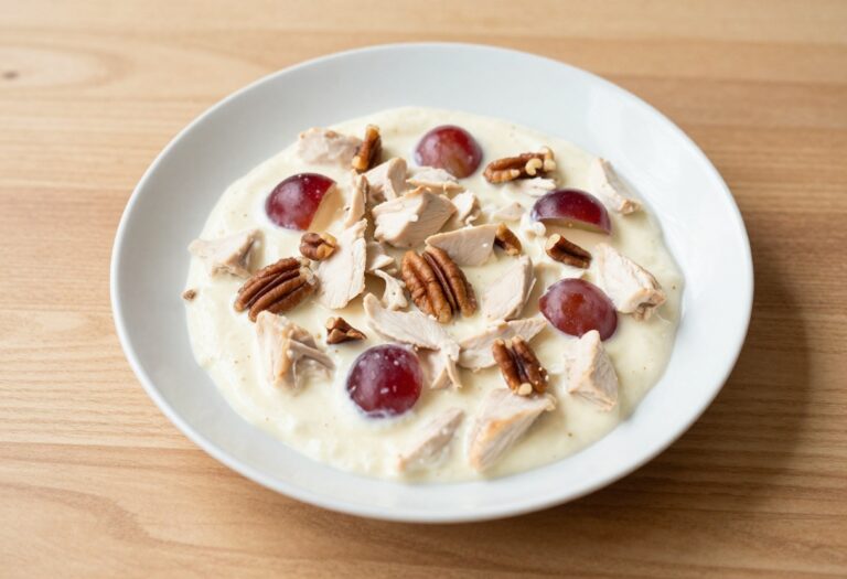 Bowl of sweet chicken salad with grapes and pecans on a wooden table