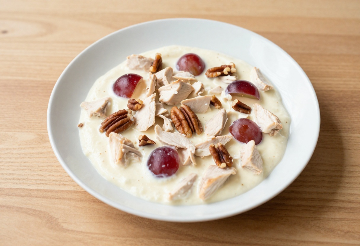 Bowl of sweet chicken salad with grapes and pecans on a wooden table