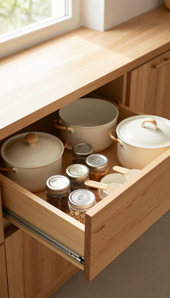 Deep kitchen drawer with a pull-out wooden tray organizing spice jars and measuring cups above larger pots and pans, warm natural light, cozy interior