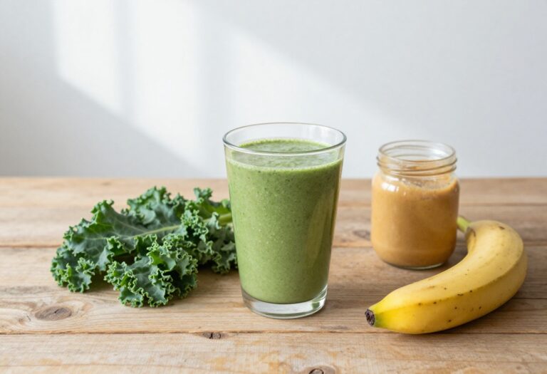 Creamy green kale smoothie in a glass with fresh kale, banana, and peanut butter on a wooden table