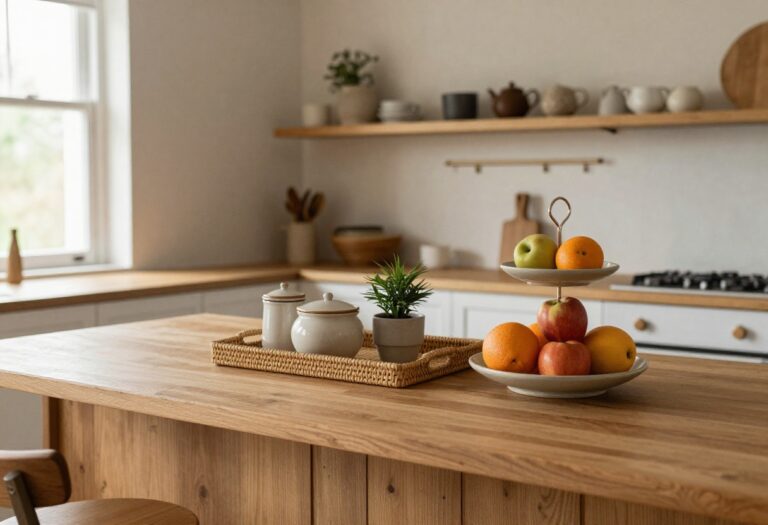 Cozy kitchen island with layered organization including a tray, fruit stand, and hanging mugs in a warm, natural light setting.