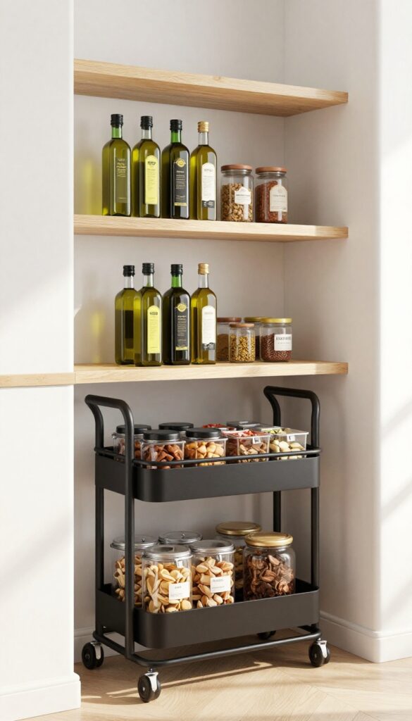 A matte black rolling cart with wire shelves sits beside a shelving unit in a bright garage pantry, holding oils, vinegars, spices, and snacks in clear bins.