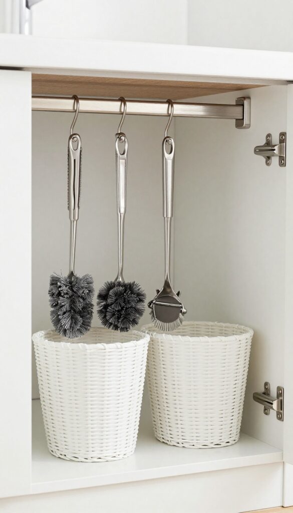 Open kitchen cabinet under sink with magnetic strip holding metal tools and baskets below