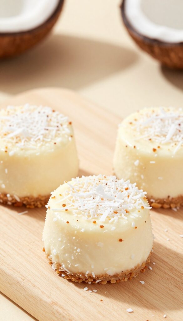 Keto coconut cheesecake bites topped with toasted coconut flakes on a wooden surface