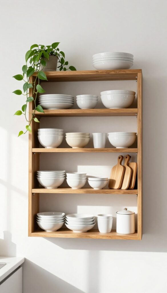 Open shelving with warm wood finish in a bright kitchen, featuring white dishes and trailing plants