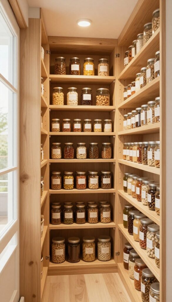 Small walk-in pantry with dimmable LED strip lighting under shelves and a dimmable overhead light, creating a warm and functional ambiance.