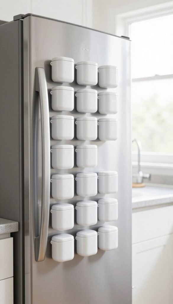Magnetic spice tins on fridge door in bright kitchen