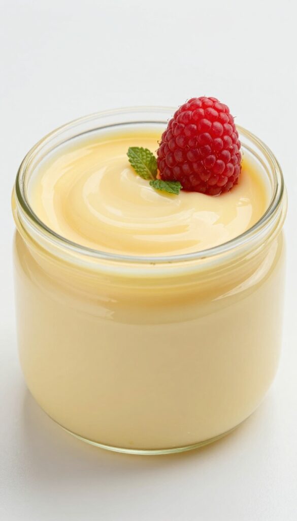 Creamy lemon cheesecake pudding in a glass jar with raspberry and mint garnish