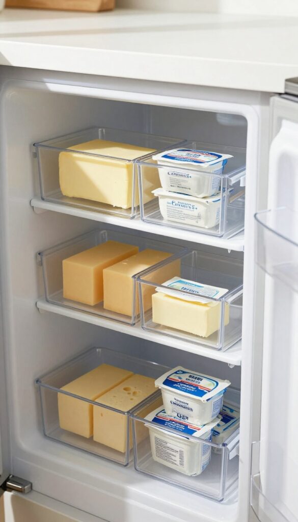 Fridge door with clear drawer organizers holding butter and cheese