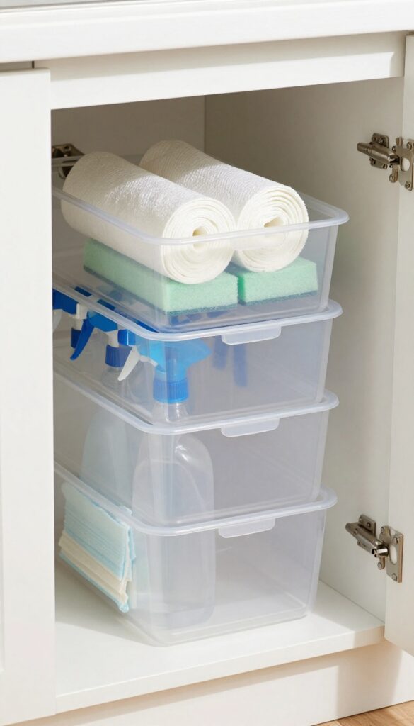 Under sink cabinet with stackable clear plastic bins organizing cleaning supplies vertically between plumbing pipes.