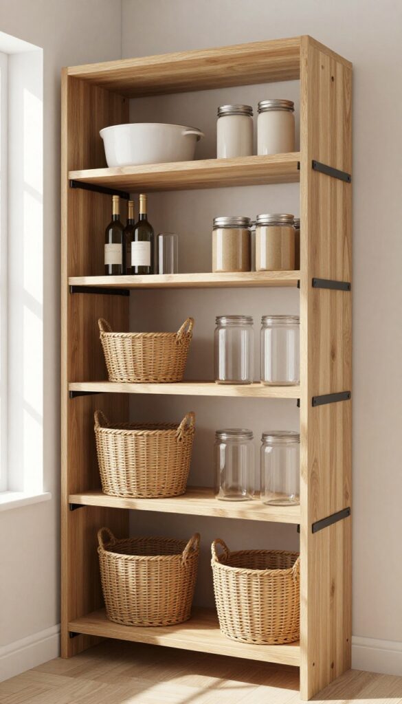 Small walk-in pantry with adjustable wood shelving, woven baskets, and clear canisters in natural light.