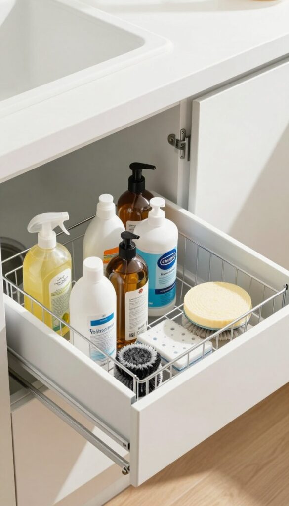 Under-sink pull-out drawer with organized cleaning bottles and caddies, modern kitchen organization
