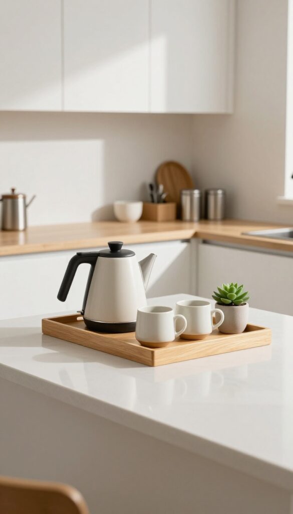 A small wooden tray on a kitchen countertop holding a kettle, stacked mugs, and tea tins, with a succulent beside it, in bright natural light.