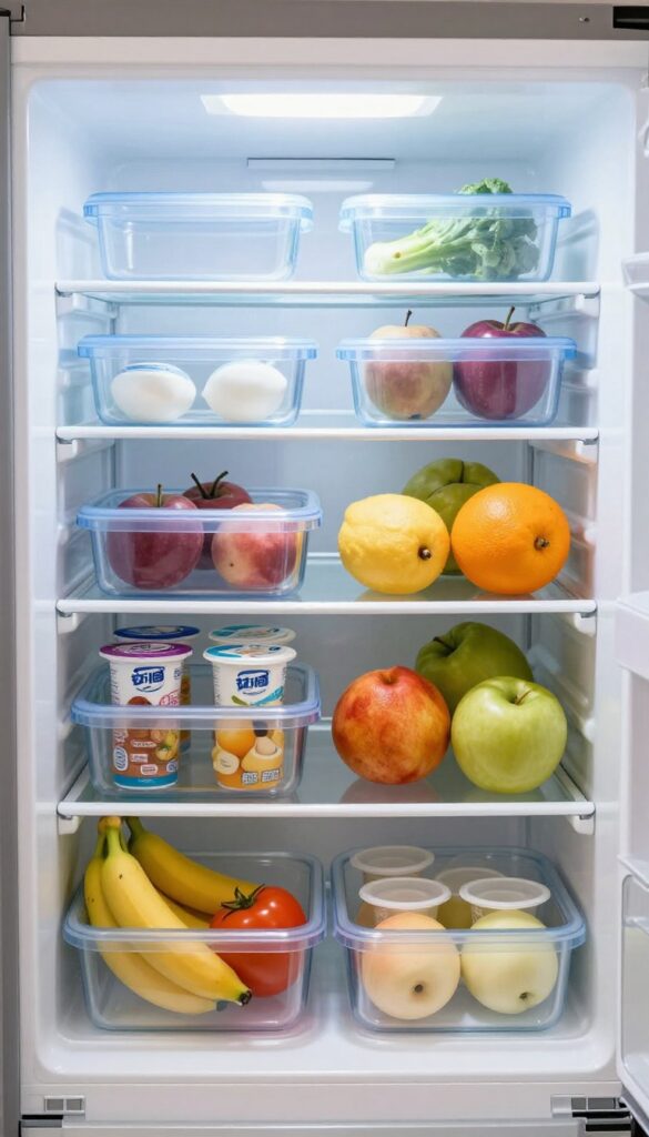 Fridge organized with clear plastic bins grouping different food categories, bright natural light, clean shelves