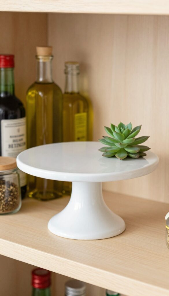DIY Lazy Susan from a cake stand on a pantry shelf with bottles and jars