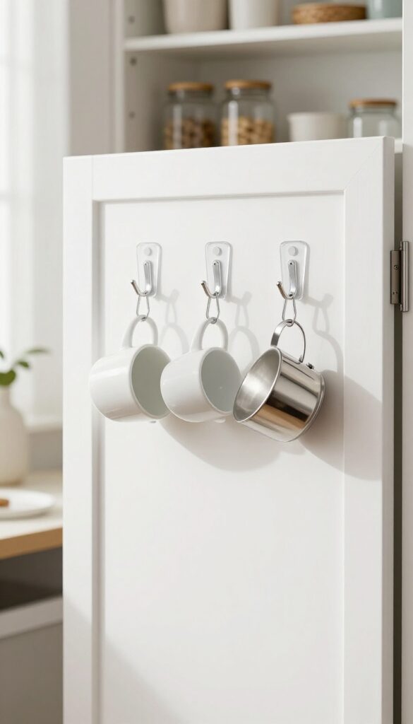 Inside of a pantry door with adhesive hooks holding mugs and a measuring cup, freeing up shelf space.