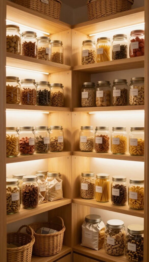 Warm under-shelf lighting in a pantry with glass jars and cans softly illuminated by puck lights, creating a cozy organized space.