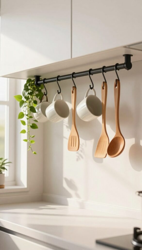 A hanging rail under a kitchen cabinet holding mugs and utensils, with a small trailing plant, in bright natural light.
