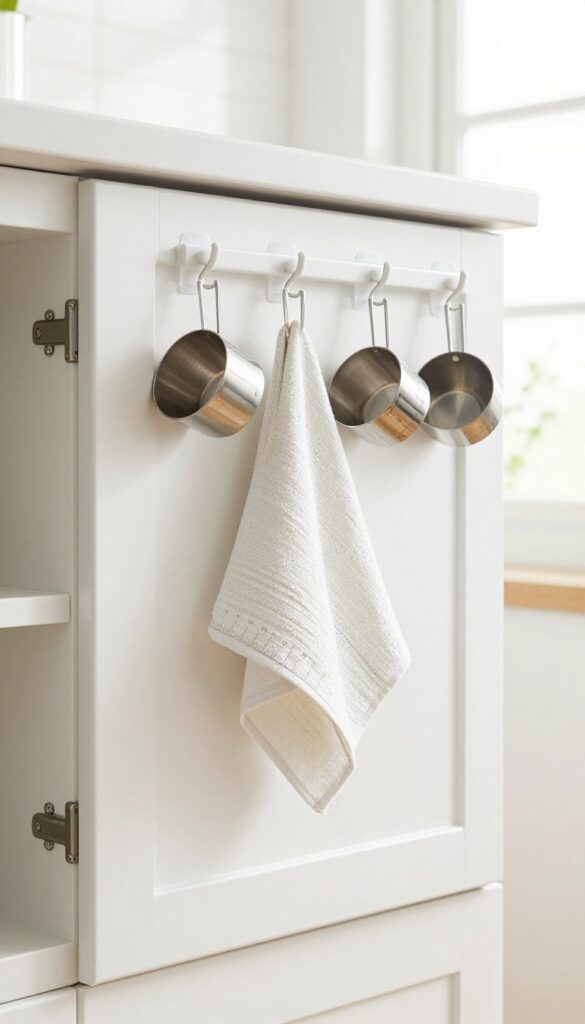 Inside of a kitchen cabinet door with clear adhesive hooks holding measuring cups and a dish towel, demonstrating clever storage.