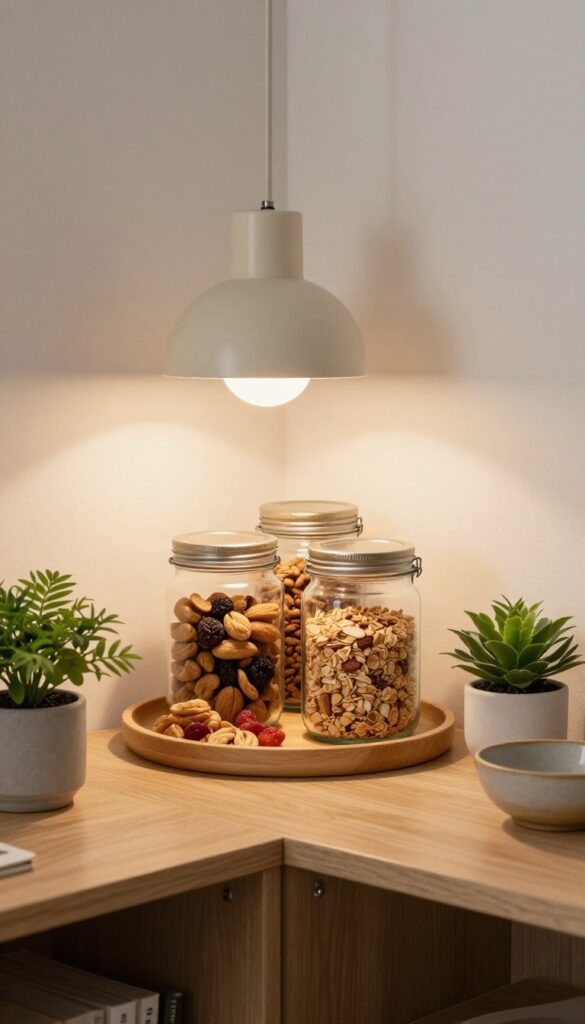 Cozy pantry snack station with a warm lamp, jars of healthy snacks, and a small plant on a shelf.