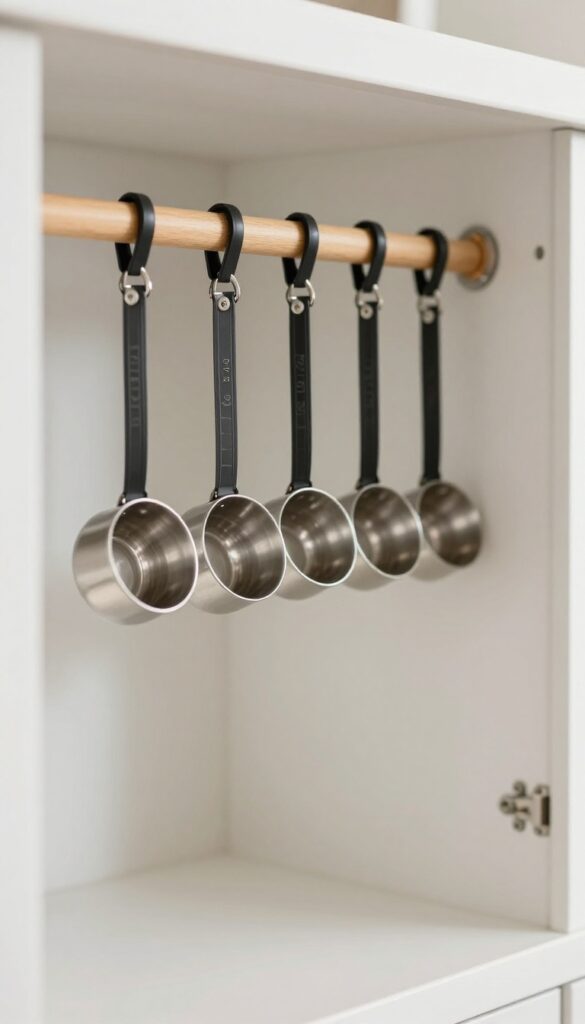 Binder clips hanging measuring cups from a dowel inside a kitchen cabinet for hidden storage
