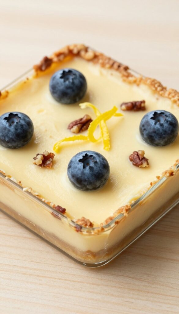 No-bake lemon cheesecake bars with pecan crust and blueberries